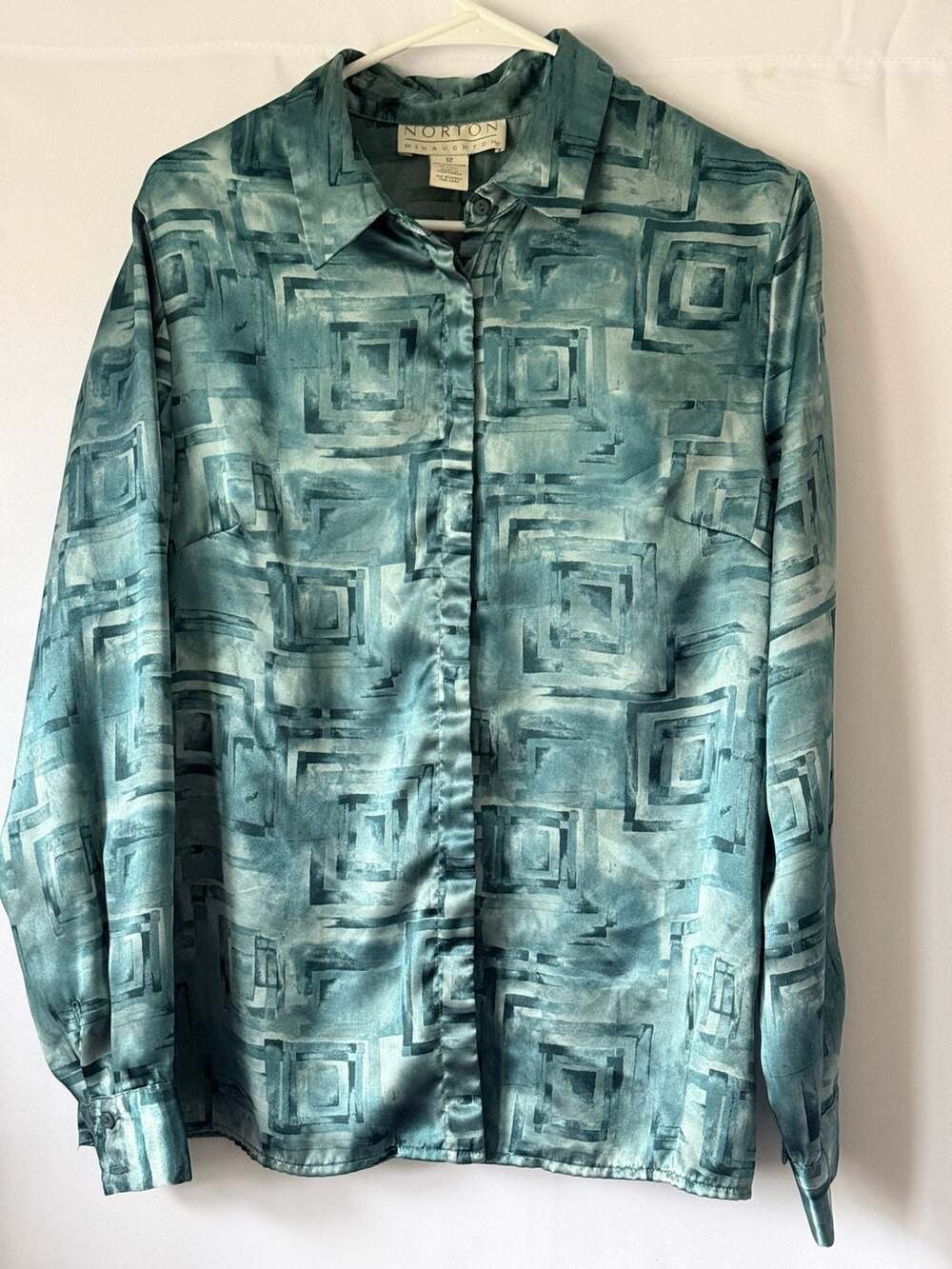 Vintage Norton McNaughton Blue Geometric Square Pattern Satin Button Up Size 12